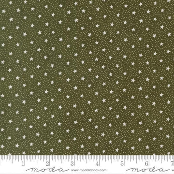 Image of Joyful Gatherings II Circle of Stars Evergreen quilting cotton fabric by Primitive Gatherings for Moda Fabrics. Features stars and dots on a green background. Cute Little Fabric Shop.