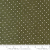 Image of Joyful Gatherings II Circle of Stars Evergreen quilting cotton fabric by Primitive Gatherings for Moda Fabrics. Features stars and dots on a green background. Cute Little Fabric Shop.