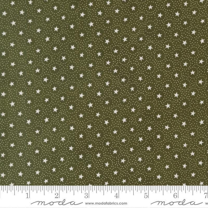 Image of Joyful Gatherings II Circle of Stars Evergreen quilting cotton fabric by Primitive Gatherings for Moda Fabrics. Features stars and dots on a green background. Cute Little Fabric Shop.