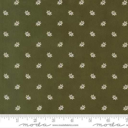 Image of Joyful Gatherings II Poinsettia Evergreen quilting cotton fabric by Primitive Gatherings for Moda Fabrics. Features flowers on a green background. Cute Little Fabric Shop.