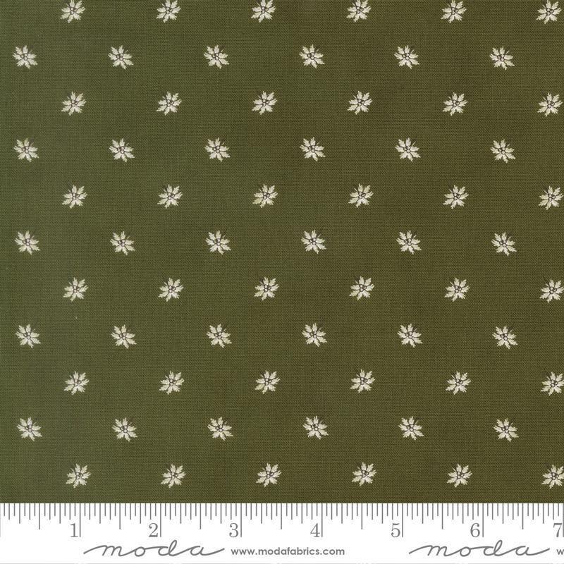 Image of Joyful Gatherings II Poinsettia Evergreen quilting cotton fabric by Primitive Gatherings for Moda Fabrics. Features flowers on a green background. Cute Little Fabric Shop.