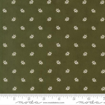 Image of Joyful Gatherings II Poinsettia Evergreen quilting cotton fabric by Primitive Gatherings for Moda Fabrics. Features flowers on a green background. Cute Little Fabric Shop.