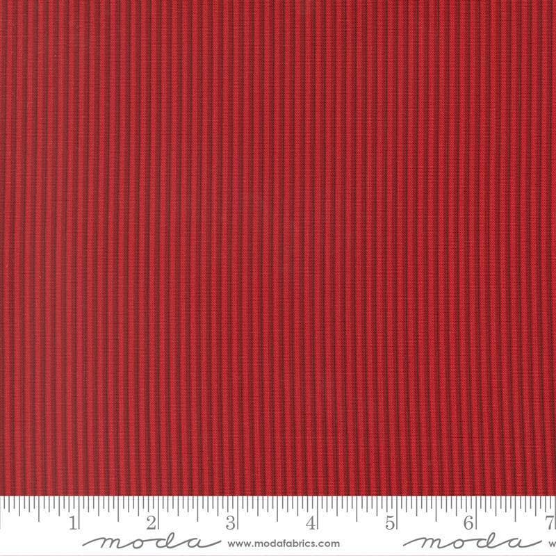 Image of Joyful Gatherings II Peppermint Stripe Crimson quilting cotton fabric by Primitive Gatherings for Moda Fabrics. Features stripes on a red background. Cute Little Fabric Shop.