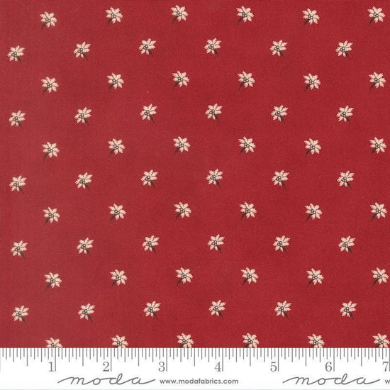 Image of Joyful Gatherings II Poinsettia Deep Crimson quilting cotton fabric by Primitive Gatherings for Moda Fabrics. Features flowers on a red background. Cute Little Fabric Shop.