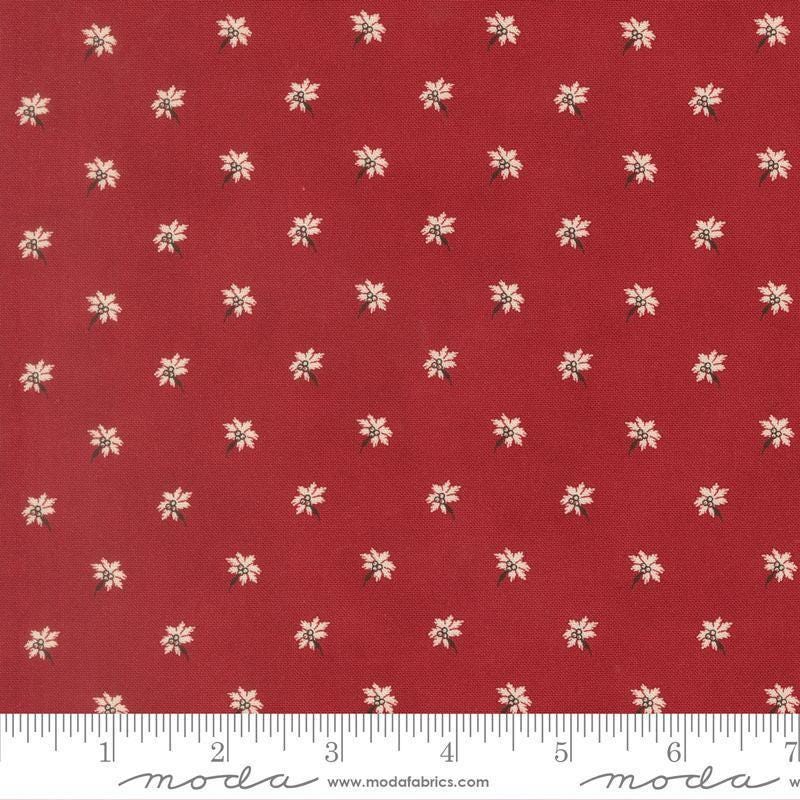 Image of Joyful Gatherings II Poinsettia Deep Crimson quilting cotton fabric by Primitive Gatherings for Moda Fabrics. Features flowers on a red background. Cute Little Fabric Shop.