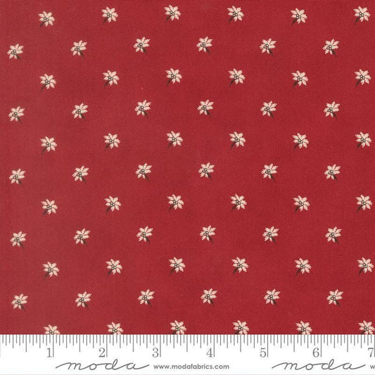 Image of Joyful Gatherings II Poinsettia Deep Crimson quilting cotton fabric by Primitive Gatherings for Moda Fabrics. Features flowers on a red background. Cute Little Fabric Shop.