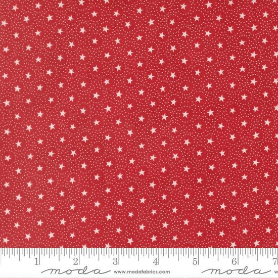 Image of Joyful Gatherings II Circle of Stars Crimson quilting cotton fabric by Primitive Gatherings for Moda Fabrics. Features stars and dots on a red background. Cute Little Fabric Shop.