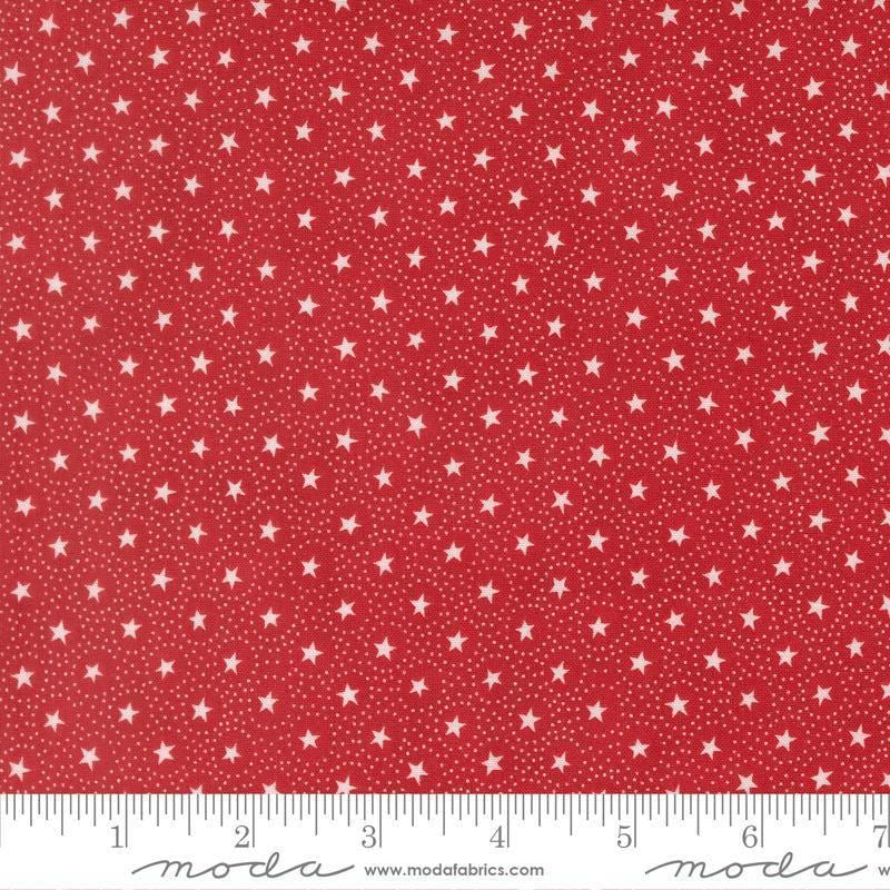 Image of Joyful Gatherings II Circle of Stars Crimson quilting cotton fabric by Primitive Gatherings for Moda Fabrics. Features stars and dots on a red background. Cute Little Fabric Shop.