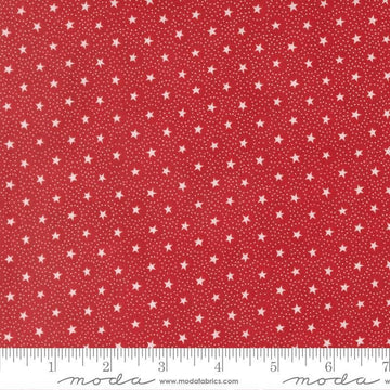 Image of Joyful Gatherings II Circle of Stars Crimson quilting cotton fabric by Primitive Gatherings for Moda Fabrics. Features stars and dots on a red background. Cute Little Fabric Shop.