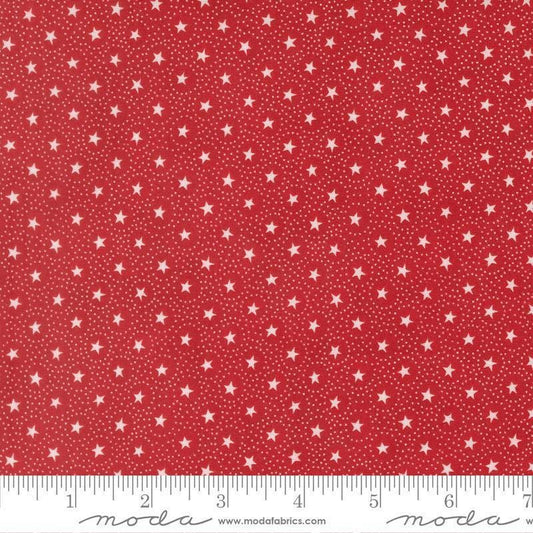 Image of Joyful Gatherings II Circle of Stars Crimson quilting cotton fabric by Primitive Gatherings for Moda Fabrics. Features stars and dots on a red background. Cute Little Fabric Shop.