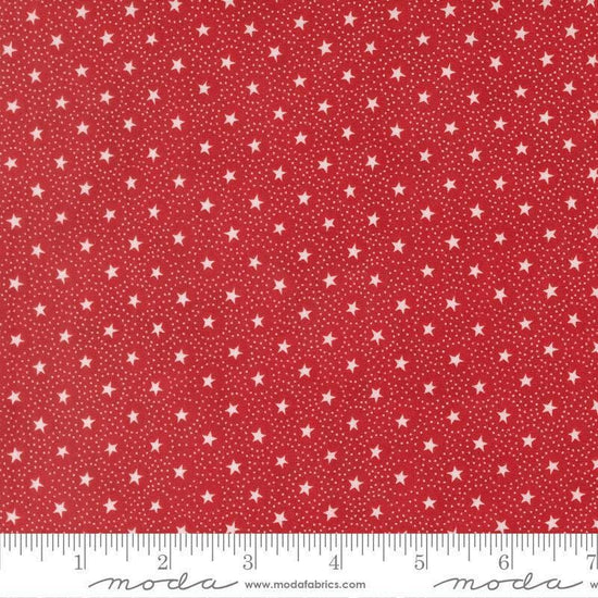 Image of Joyful Gatherings II Circle of Stars Crimson quilting cotton fabric by Primitive Gatherings for Moda Fabrics. Features stars and dots on a red background. Cute Little Fabric Shop.