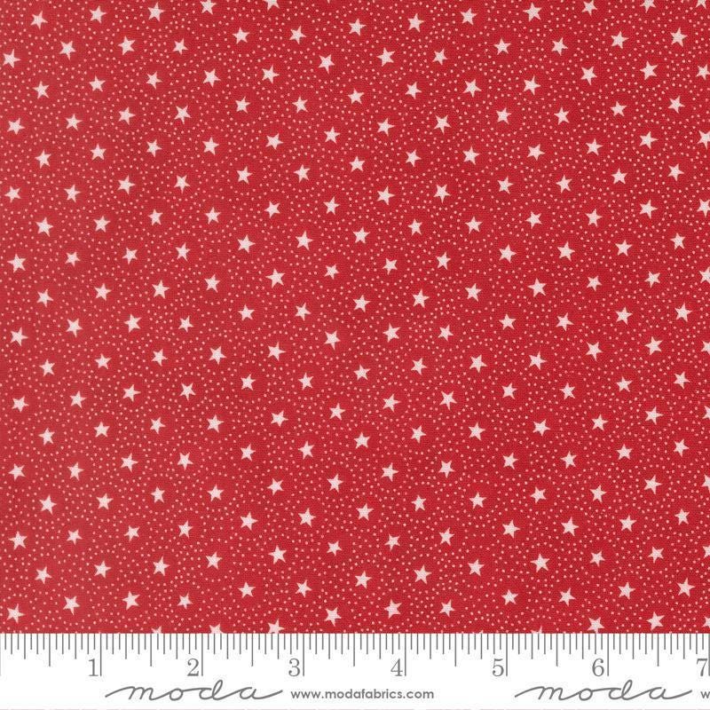 Image of Joyful Gatherings II Circle of Stars Crimson quilting cotton fabric by Primitive Gatherings for Moda Fabrics. Features stars and dots on a red background. Cute Little Fabric Shop.