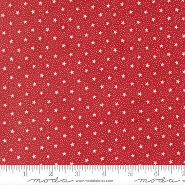 Image of Joyful Gatherings II Circle of Stars Crimson quilting cotton fabric by Primitive Gatherings for Moda Fabrics. Features stars and dots on a red background. Cute Little Fabric Shop.