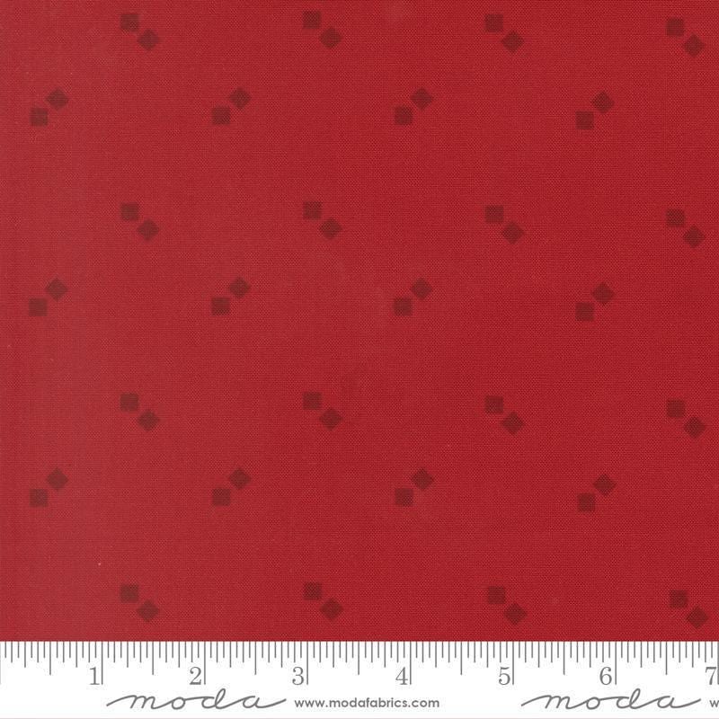 Image of Joyful Gatherings II Gift Boxes Crimson quilting cotton fabric by Primitive Gatherings for Moda Fabrics. Features squares on a red background. Cute Little Fabric Shop.