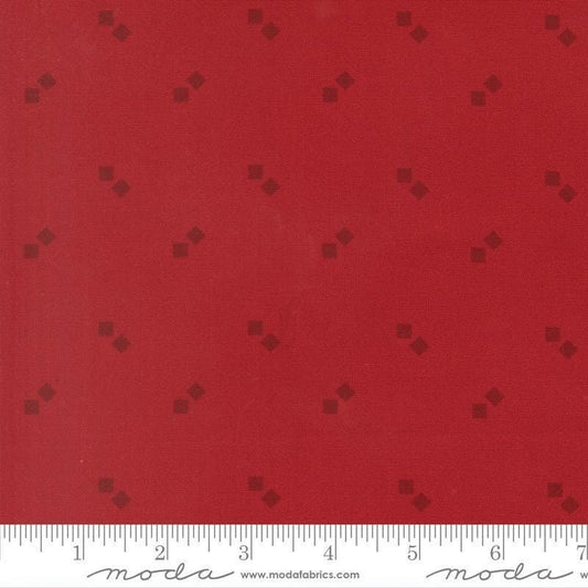 Image of Joyful Gatherings II Gift Boxes Crimson quilting cotton fabric by Primitive Gatherings for Moda Fabrics. Features squares on a red background. Cute Little Fabric Shop.