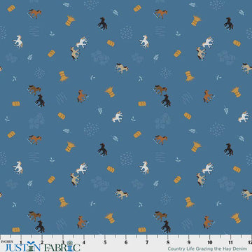 35" End of Bolt - Country Life Grazing the Hay C13793 Denim - Riley Blake Designs - Horses - Quilting Cotton Fabric