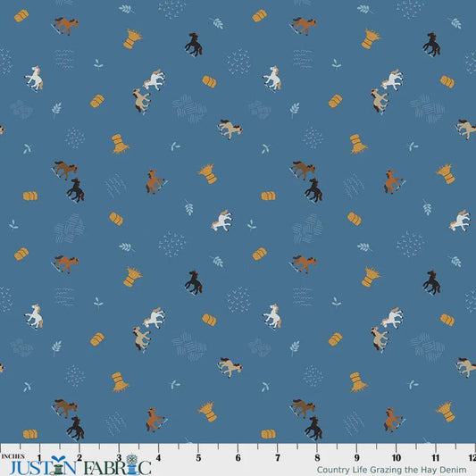 35" End of Bolt - Country Life Grazing the Hay C13793 Denim - Riley Blake Designs - Horses - Quilting Cotton Fabric