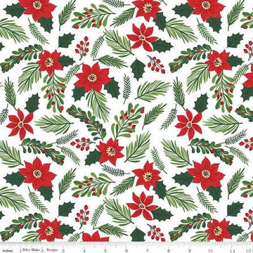 24" End of Bolt - The Magic of Christmas Trees C13642 White - Riley Blake Designs - Pine Mistletoe Leaves - Quilting Cotton Fabric