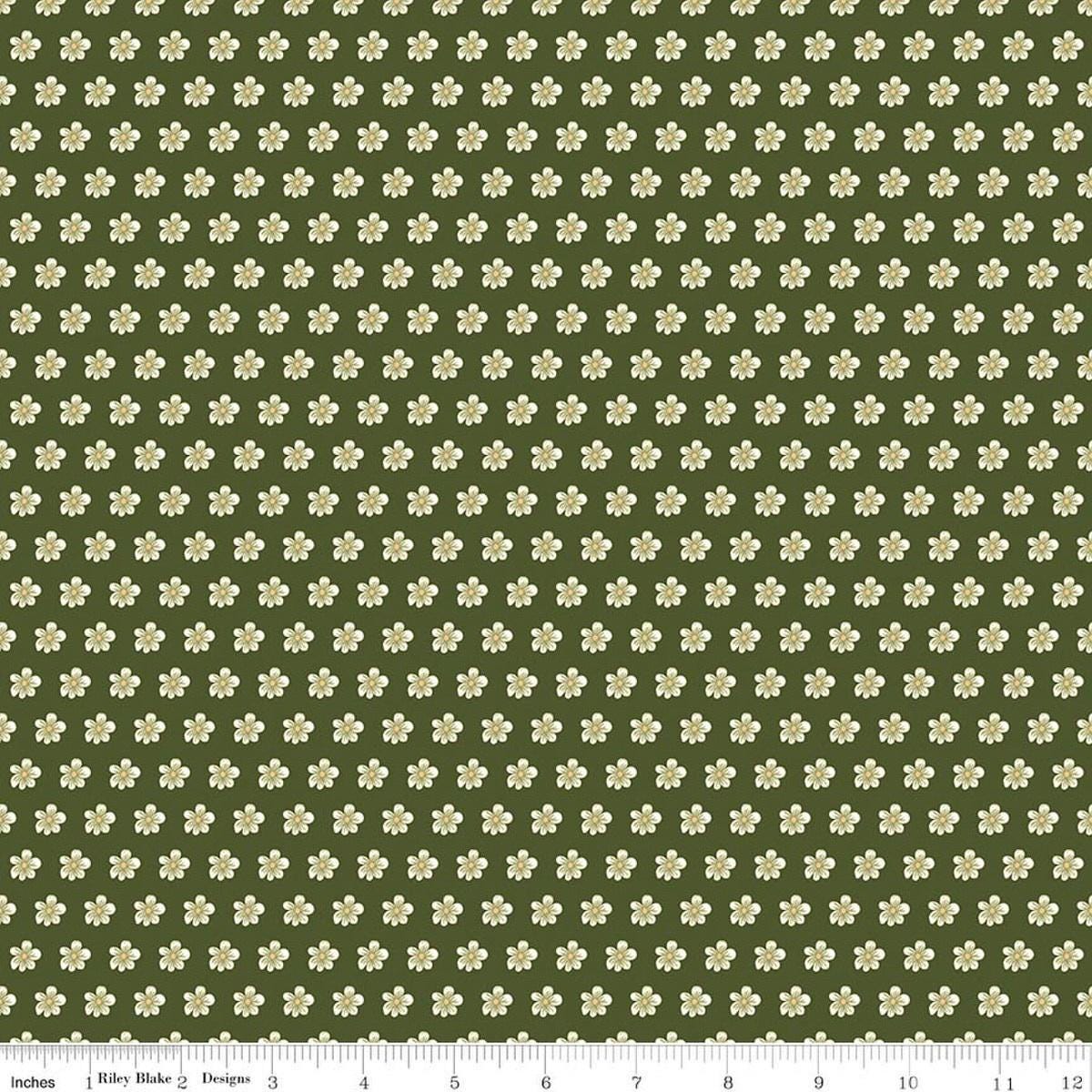Image of Tangled Gardens Flowers Hunter quilting cotton fabric by Diane Labombarbe for Riley Blake Designs. Features flowers on a green background. Cute Little Fabric Shop.