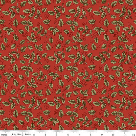 Image of Tangled Gardens Leaves Red quilting cotton fabric by Diane Labombarbe for Riley Blake Designs. Features leaves on a red background. Cute Little Fabric Shop.
