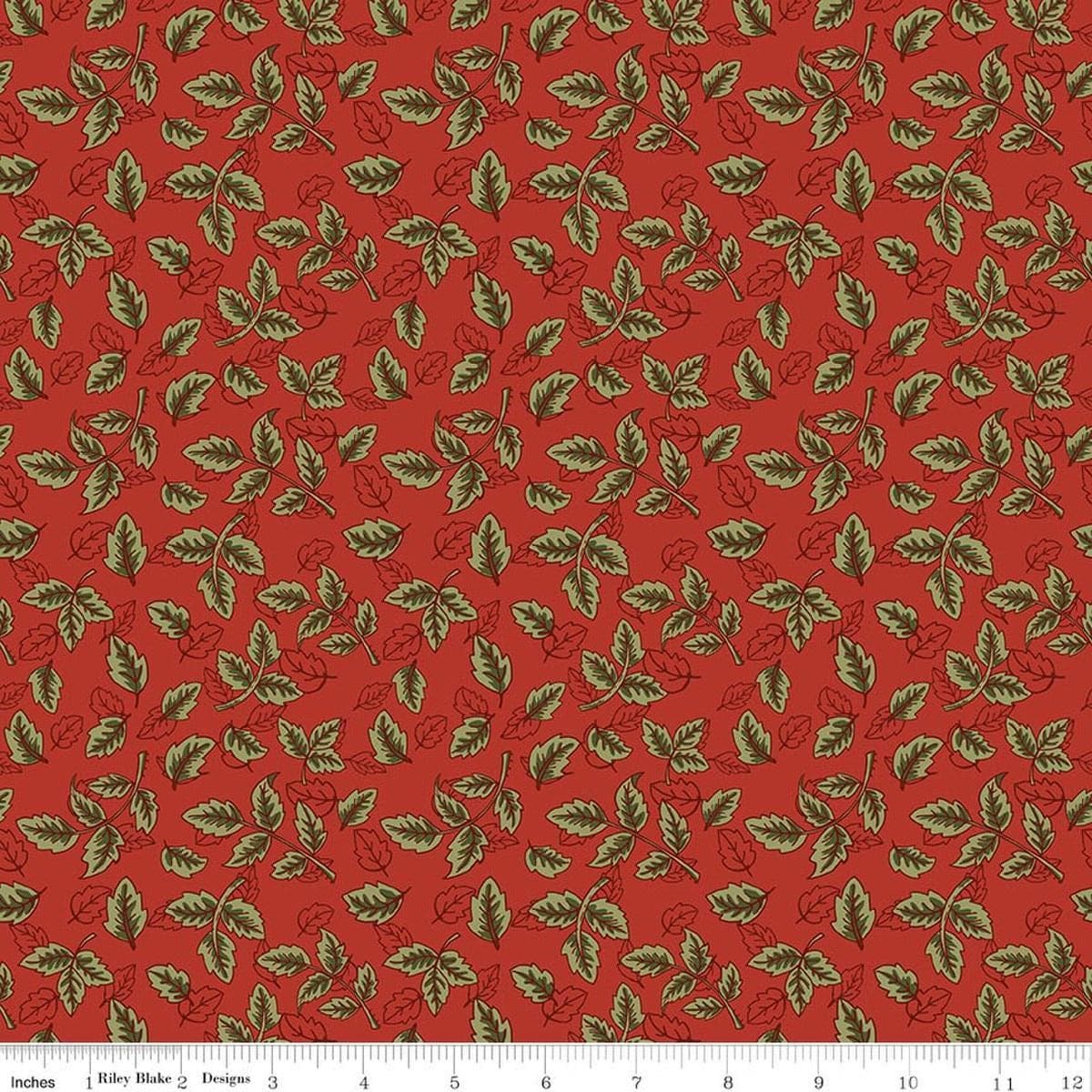Image of Tangled Gardens Leaves Red quilting cotton fabric by Diane Labombarbe for Riley Blake Designs. Features leaves on a red background. Cute Little Fabric Shop.