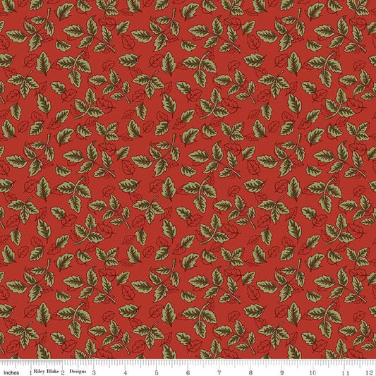 Image of Tangled Gardens Leaves Red quilting cotton fabric by Diane Labombarbe for Riley Blake Designs. Features leaves on a red background. Cute Little Fabric Shop.