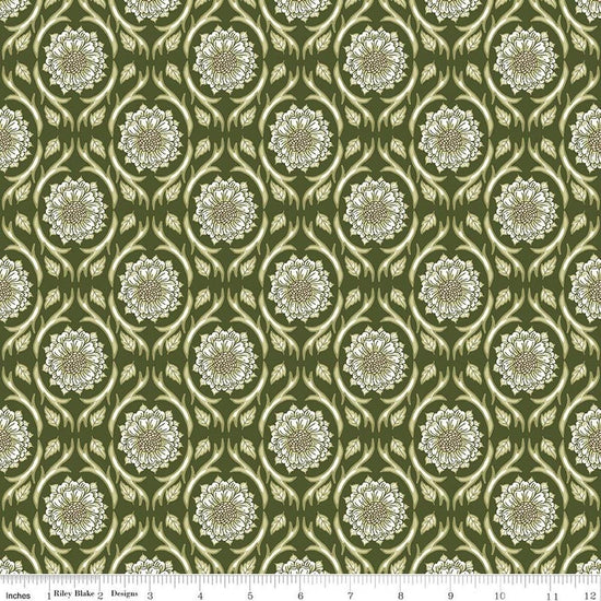 Image of Tangled Gardens Medallions Hunter quilting cotton fabric by Diane Labombarbe for Riley Blake Designs. Features flowers on a green background. Cute Little Fabric Shop.