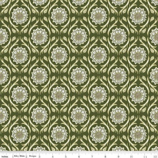 Image of Tangled Gardens Medallions Hunter quilting cotton fabric by Diane Labombarbe for Riley Blake Designs. Features flowers on a green background. Cute Little Fabric Shop.