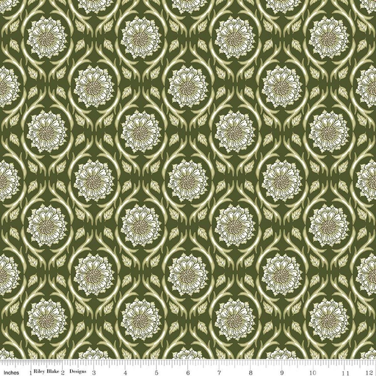 Image of Tangled Gardens Medallions Hunter quilting cotton fabric by Diane Labombarbe for Riley Blake Designs. Features flowers on a green background. Cute Little Fabric Shop.