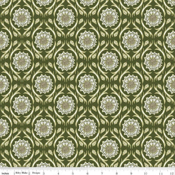 Image of Tangled Gardens Medallions Hunter quilting cotton fabric by Diane Labombarbe for Riley Blake Designs. Features flowers on a green background. Cute Little Fabric Shop.