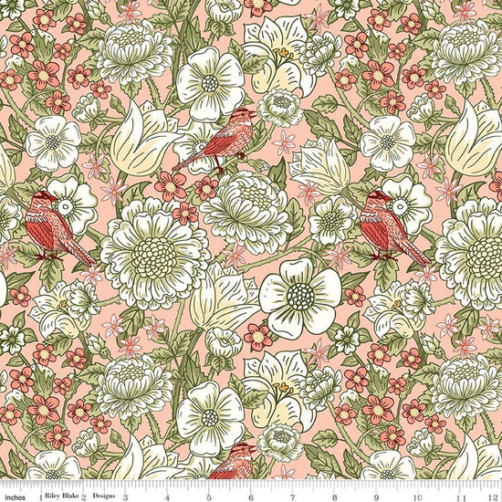 Image of Tangled Gardens Main Blush quilting cotton fabric by Diane Labombarbe for Riley Blake Designs. Features flowers on a pink background. Cute Little Fabric Shop.
