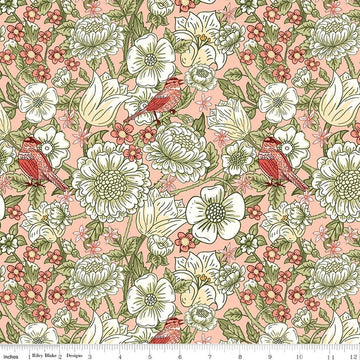 Image of Tangled Gardens Main Blush quilting cotton fabric by Diane Labombarbe for Riley Blake Designs. Features flowers on a pink background. Cute Little Fabric Shop.