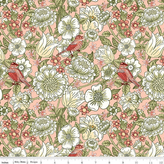 Image of Tangled Gardens Main Blush quilting cotton fabric by Diane Labombarbe for Riley Blake Designs. Features flowers on a pink background. Cute Little Fabric Shop.