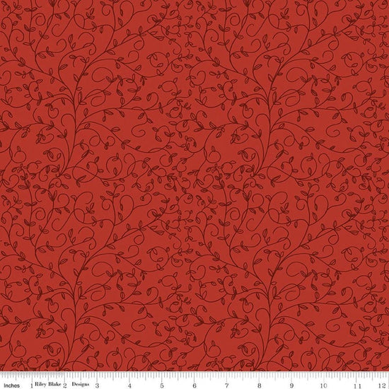 Image of Tangled Gardens Vines Red quilting cotton fabric by Diane Labombarbe for Riley Blake Designs. Features leaves on a red background. Cute Little Fabric Shop.