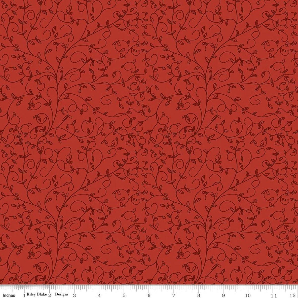 Image of Tangled Gardens Vines Red quilting cotton fabric by Diane Labombarbe for Riley Blake Designs. Features leaves on a red background. Cute Little Fabric Shop.
