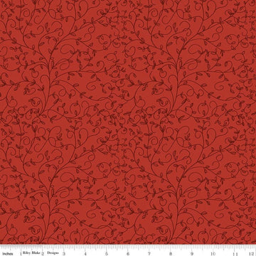 Image of Tangled Gardens Vines Red quilting cotton fabric by Diane Labombarbe for Riley Blake Designs. Features leaves on a red background. Cute Little Fabric Shop.
