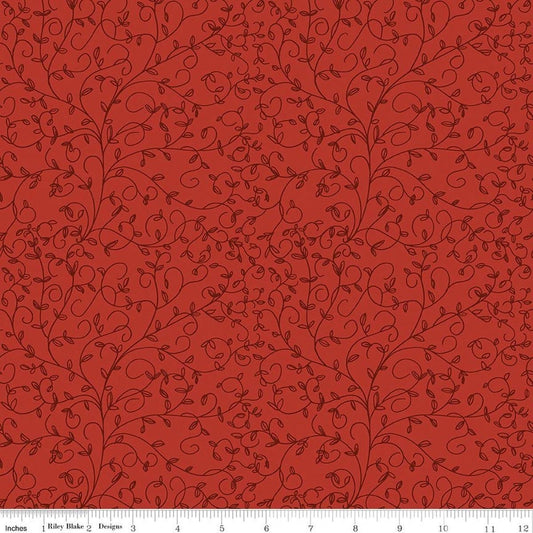 Image of Tangled Gardens Vines Red quilting cotton fabric by Diane Labombarbe for Riley Blake Designs. Features leaves on a red background. Cute Little Fabric Shop.