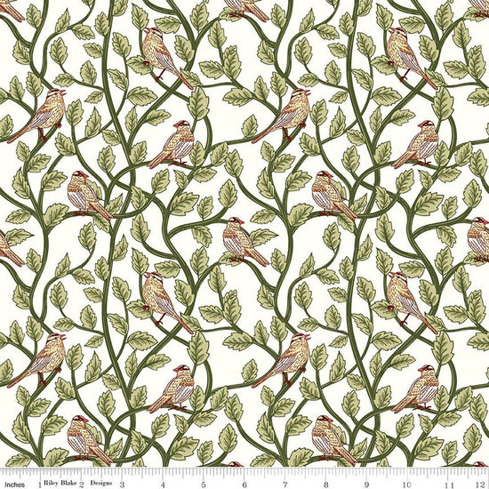Image of Tangled Gardens Birds Cream quilting cotton fabric by Diane Labombarbe for Riley Blake Designs. Features birds and leaves on a white background. Cute Little Fabric Shop.