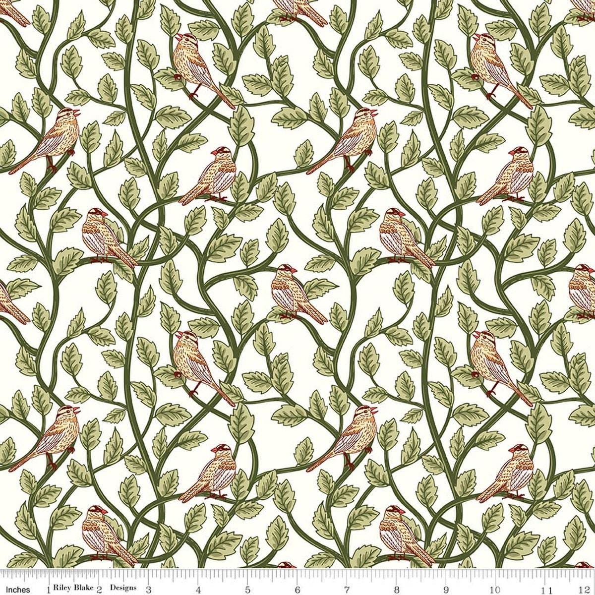 Image of Tangled Gardens Birds Cream quilting cotton fabric by Diane Labombarbe for Riley Blake Designs. Features birds and leaves on a white background. Cute Little Fabric Shop.