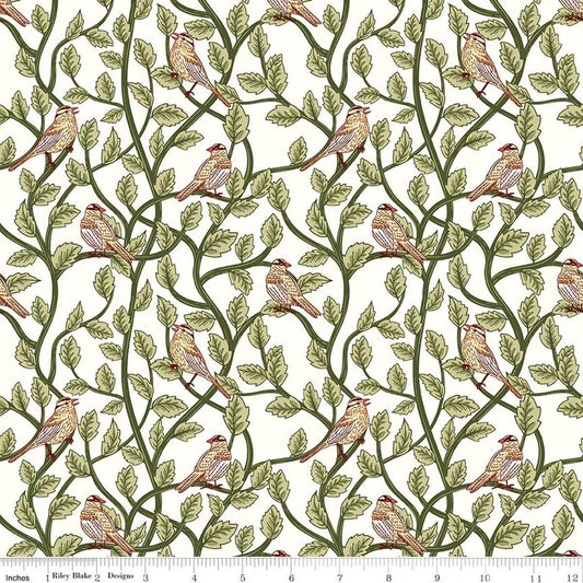 Image of Tangled Gardens Birds Cream quilting cotton fabric by Diane Labombarbe for Riley Blake Designs. Features birds and leaves on a white background. Cute Little Fabric Shop.