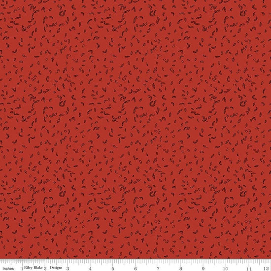 Image of Tangled Gardens Seedlings Red quilting cotton fabric by Diane Labombarbe for Riley Blake Designs. Features leaves on a red background. Cute Little Fabric Shop.