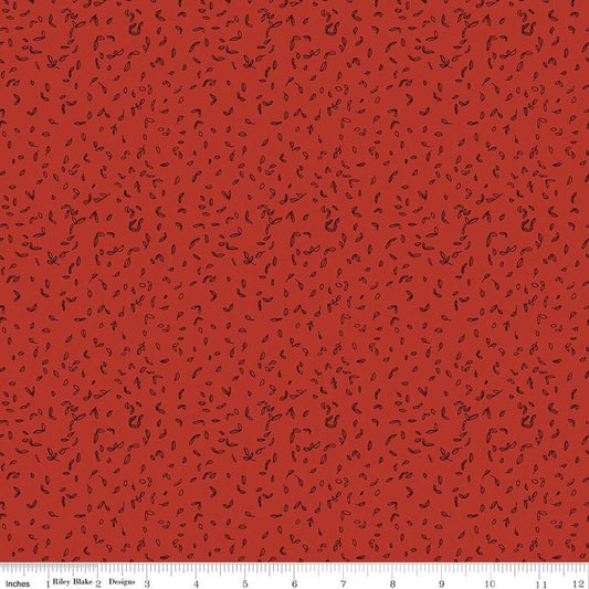Image of Tangled Gardens Seedlings Red quilting cotton fabric by Diane Labombarbe for Riley Blake Designs. Features leaves on a red background. Cute Little Fabric Shop.
