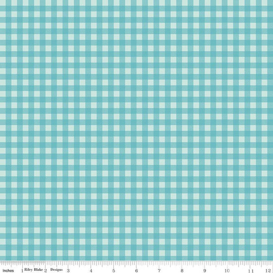 Image of A Perfect Winter Plaid Blue quilting cotton fabric by Lori Whitlock for Riley Blake Designs. Features gingham on a blue background. Cute Little Fabric Shop.