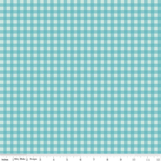 Image of A Perfect Winter Plaid Blue quilting cotton fabric by Lori Whitlock for Riley Blake Designs. Features gingham on a blue background. Cute Little Fabric Shop.
