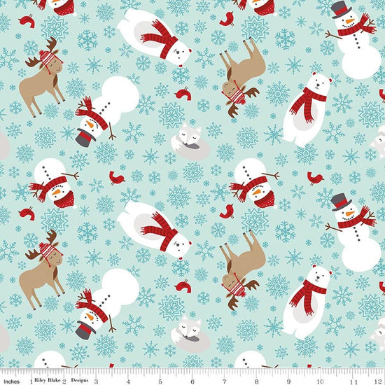 Image of A Perfect Winter Main Powder quilting cotton fabric by Lori Whitlock for Riley Blake Designs. Features snowmen, reindeer, and snowflakes on a blue background. Cute Little Fabric Shop.