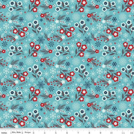 Image of A Perfect Winter Flowers Blue quilting cotton fabric by Lori Whitlock for Riley Blake Designs. Features flowers on a blue background. Cute Little Fabric Shop.