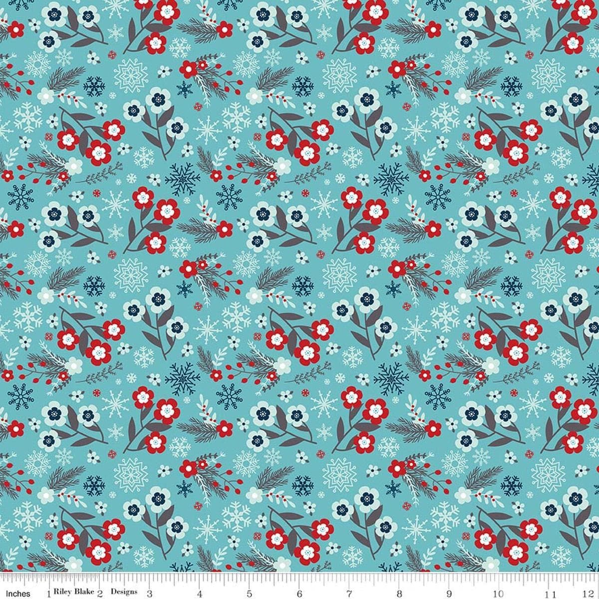 Image of A Perfect Winter Flowers Blue quilting cotton fabric by Lori Whitlock for Riley Blake Designs. Features flowers on a blue background. Cute Little Fabric Shop.
