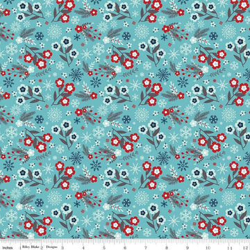 Image of A Perfect Winter Flowers Blue quilting cotton fabric by Lori Whitlock for Riley Blake Designs. Features flowers on a blue background. Cute Little Fabric Shop.