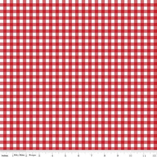 Image of A Perfect Winter Plaid Red quilting cotton fabric by Lori Whitlock for Riley Blake Designs. Features gingham on a red background. Cute Little Fabric Shop.
