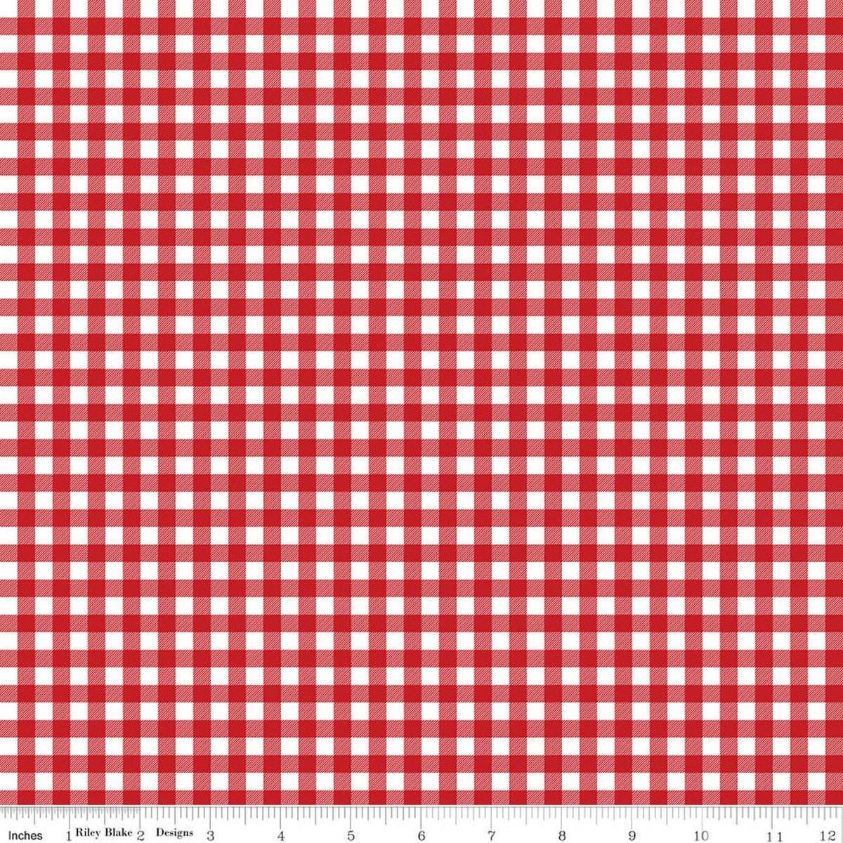 Image of A Perfect Winter Plaid Red quilting cotton fabric by Lori Whitlock for Riley Blake Designs. Features gingham on a red background. Cute Little Fabric Shop.